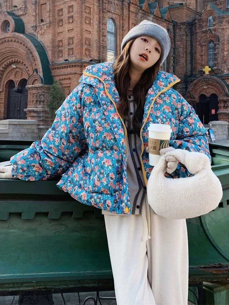 Women's Down Parkas Womens tailored floral bedding jacket floral print lightweight apron coat zipper style stand up collar warm jacket Y240824EVT