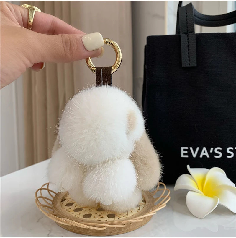 Cute Long Ear Bunny Keychain Real Mink Fur Rabbit Doll Pendant Toys Keyring Handbag Charm Ornament Pompom Plush Jewelry Gifts y240829