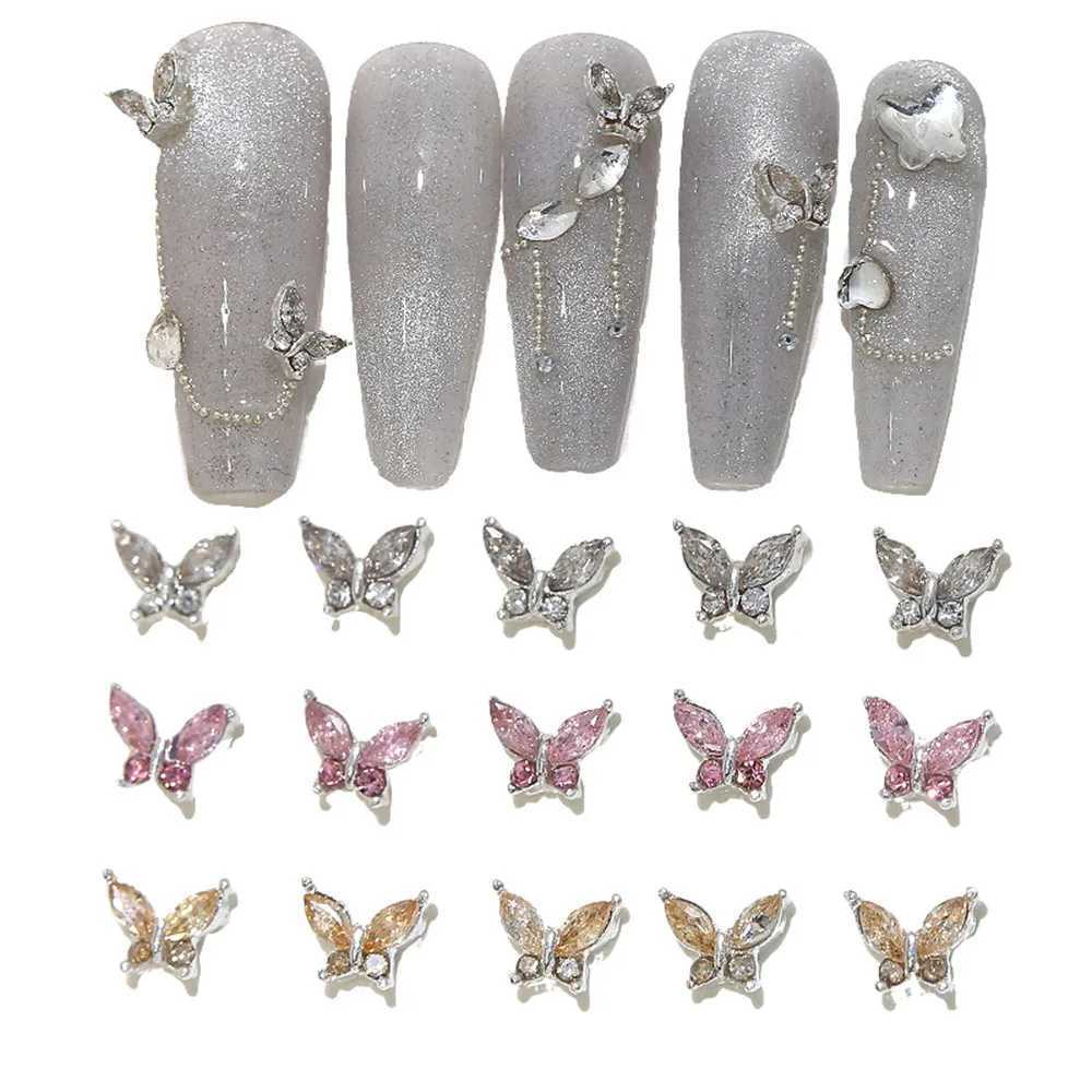 10 pieces of mini 4 * 5mm crystal butterfly nails artistic charm 3D diamond jewelry parts pink transparent metal processing decoration rhinestone gems