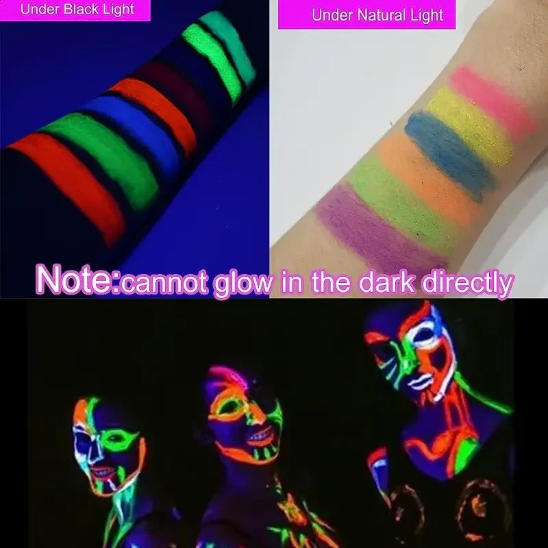 6Pcs UV Neon Paint Kit emits light in the dark under UV light black glow makeup kit washable water-soluble paint 240829