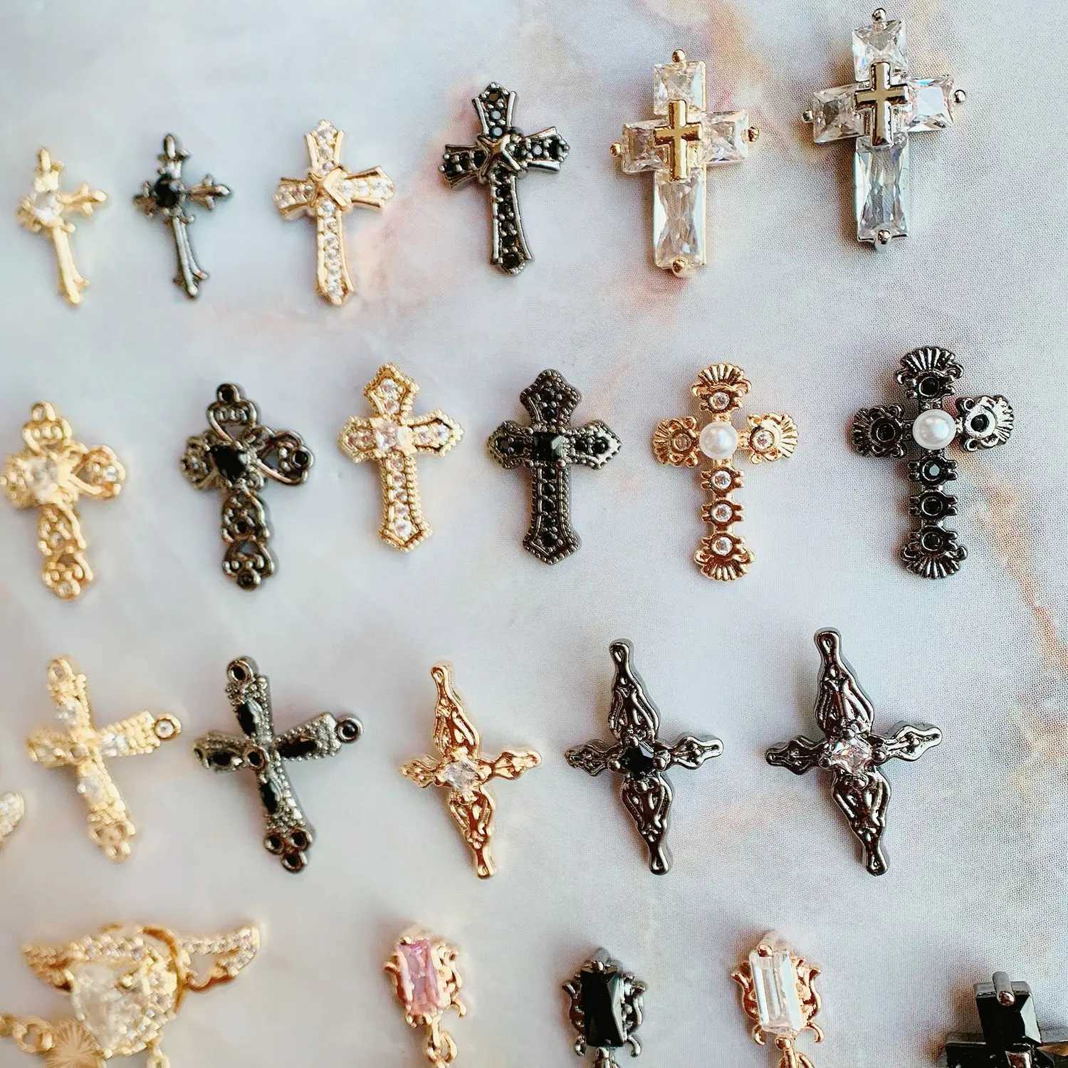 10 pieces/batch Dark Cross Heart shaped Nail Art Parts Zircon Crystal Handmade Nails Accesorios Supplies Decorative Charm W240829