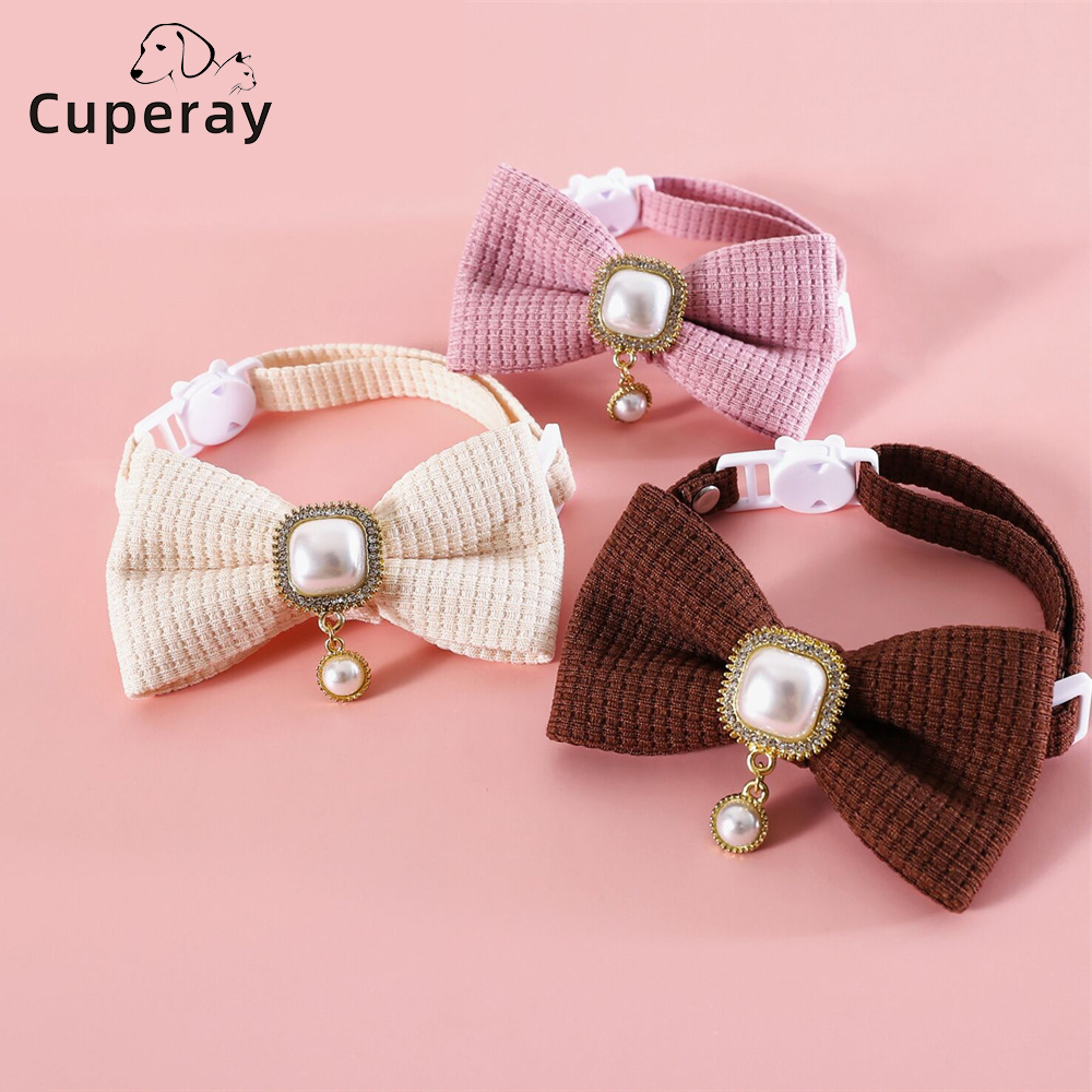 Bow Pet Collar Adjustable Cat Collar with Pearl Pendant Decoration Suitable for Cats Kitten and Puppies Accessories Pet Supplies
