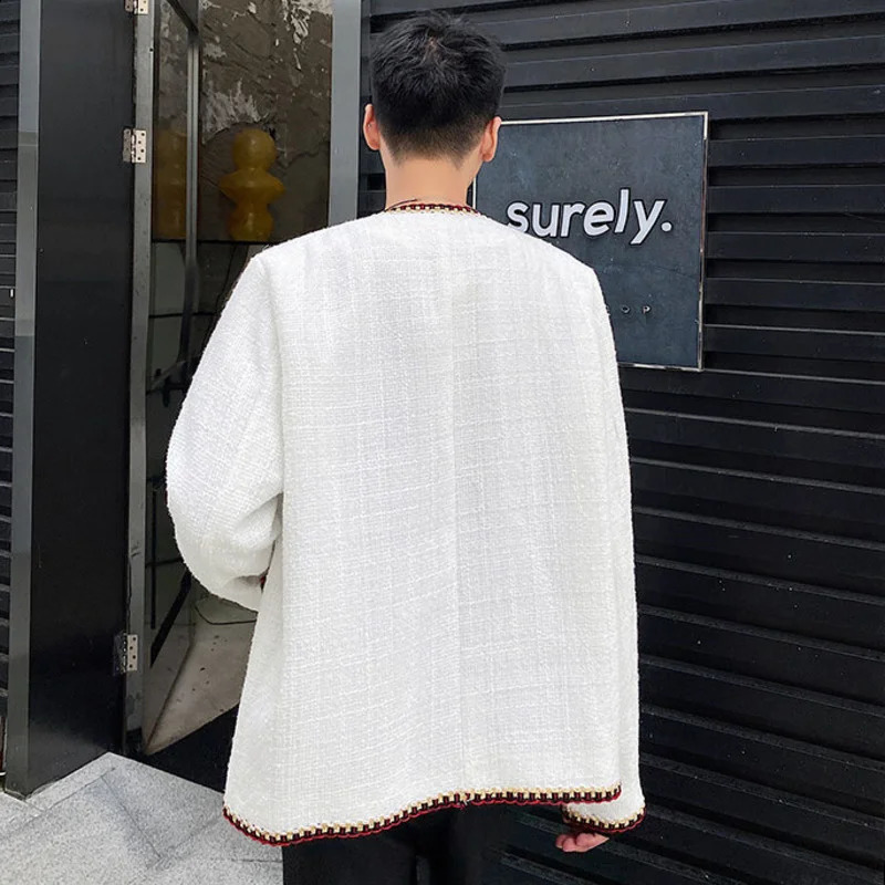 Winter autumn mens fashion woven tweed coat cardigan mens loose round neck single chest thick jacket 2D1134 240830