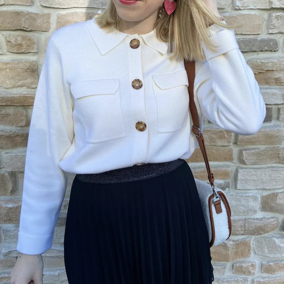 ZESSAM Solid Color Jacquard Knit Cardigan Turndown Collar Long Sleeve Button Pocket Female Sweater Casual Cozy Ladies Tops 240827