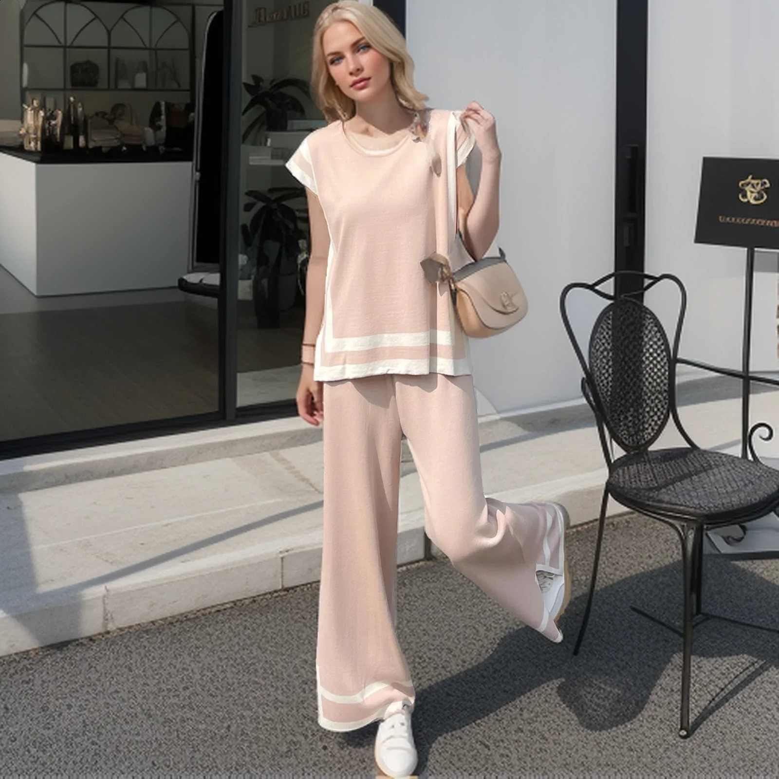 Irregular Side Split Womens Set Elegant ONeck Knitted Striped Sweater Top With Elastic Waist Wide Leg Pants Two Piece 240829