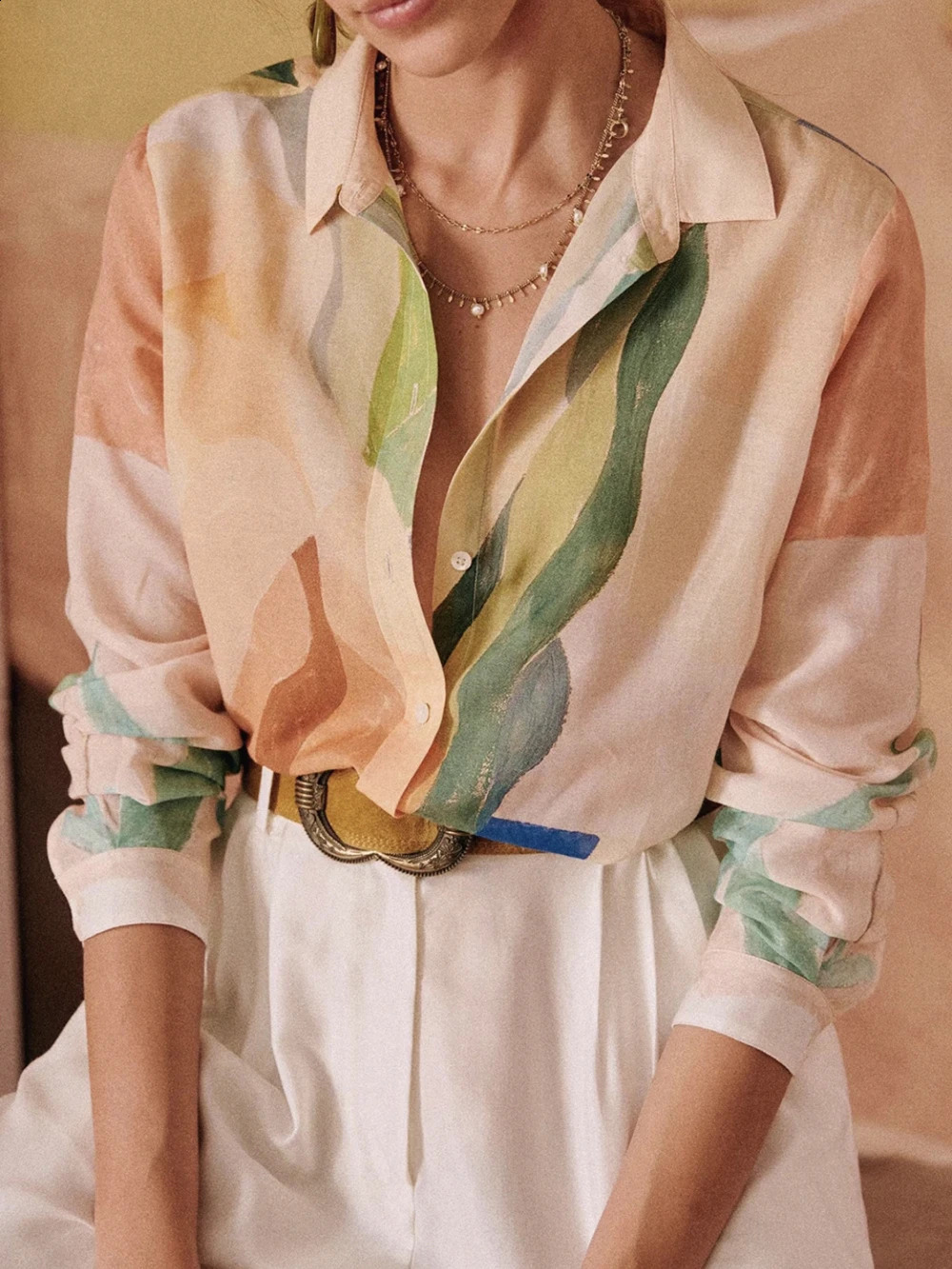 ZESSAM Color Graphic Print Women Shirt TurnDown Collar Long Sleeves Button Loose Cardigan Vintage Classic Casual Lady Top 240827