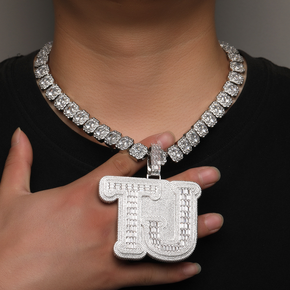 Custom Template Name A-Z Letters Pendant Necklace 5A T Zircon Mens Large Jewelry