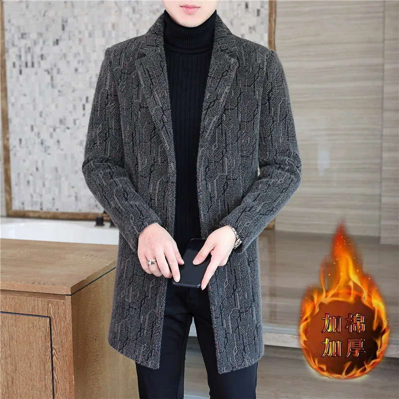 High quality autumn and winter mens mid length wool jacket business casual thick striped coat warm and windproof jacket 240829