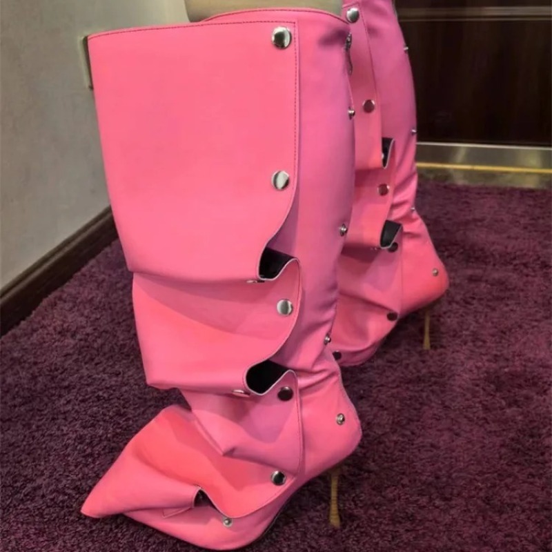 Wrinkled Metal Buttons Spliced Denim 2024 Women Folding High Barrel Boots 34-43 Auto Show Model New Fashion Boot