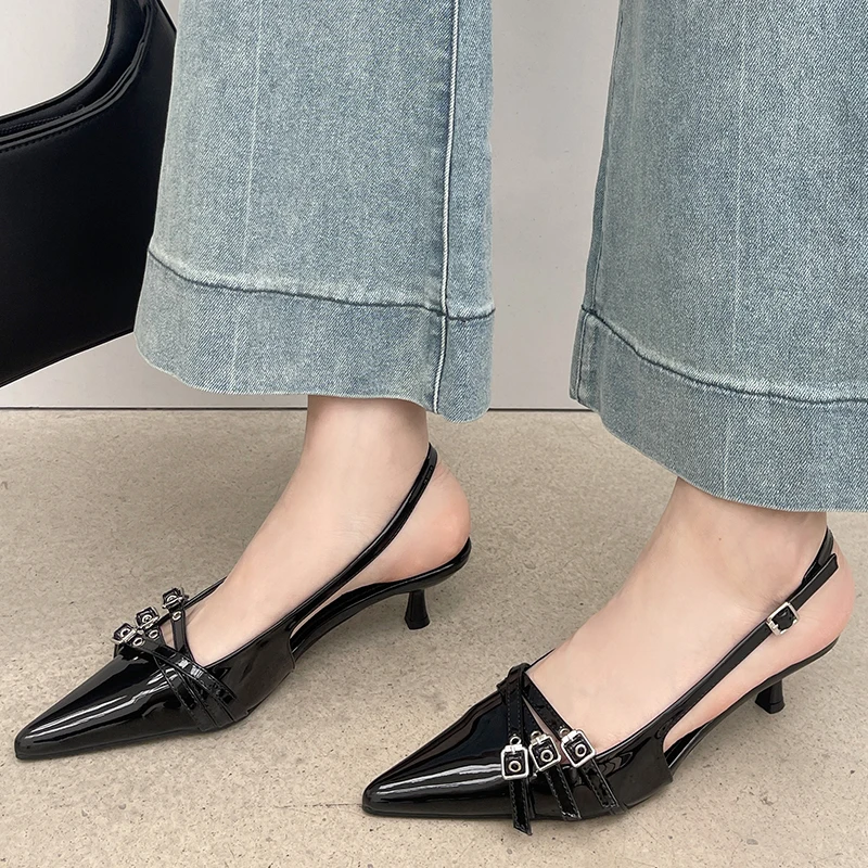 2025 new Fashion Black Shallow Designer Pumps Women Medium Female Pointed Toe Footwear Buckle Ladies Thin Heels Shoes Sandals 210d