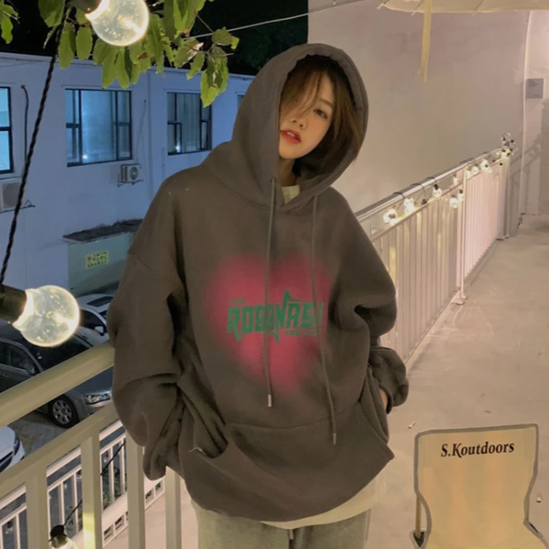 Womens Grey Fashion Letter Printing Bag Zipper Pocket Wool Thick Sweater Lazy Casual Lagrand Sleeve Hoodie Winter 240827