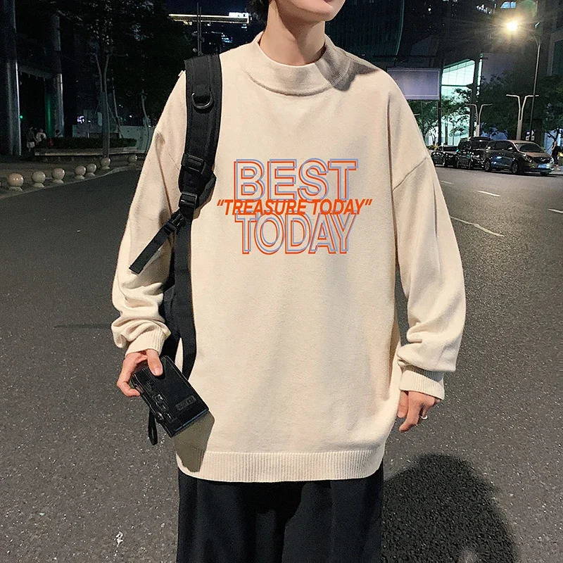 Mens oversized white autumn 5XL knitted sweater with letter printing for mens casual wear full sleeve knitted floral mens clothing 240829