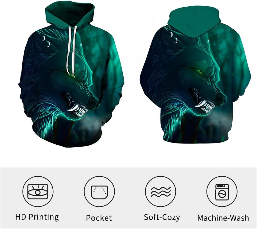 Hoodie for Mens Wolf Pattern Long Sleeve Personality Hoodies Sweatshirt Pullover with Pocket Graphic Hoodies sweatshirt Pullover Long Sleeve