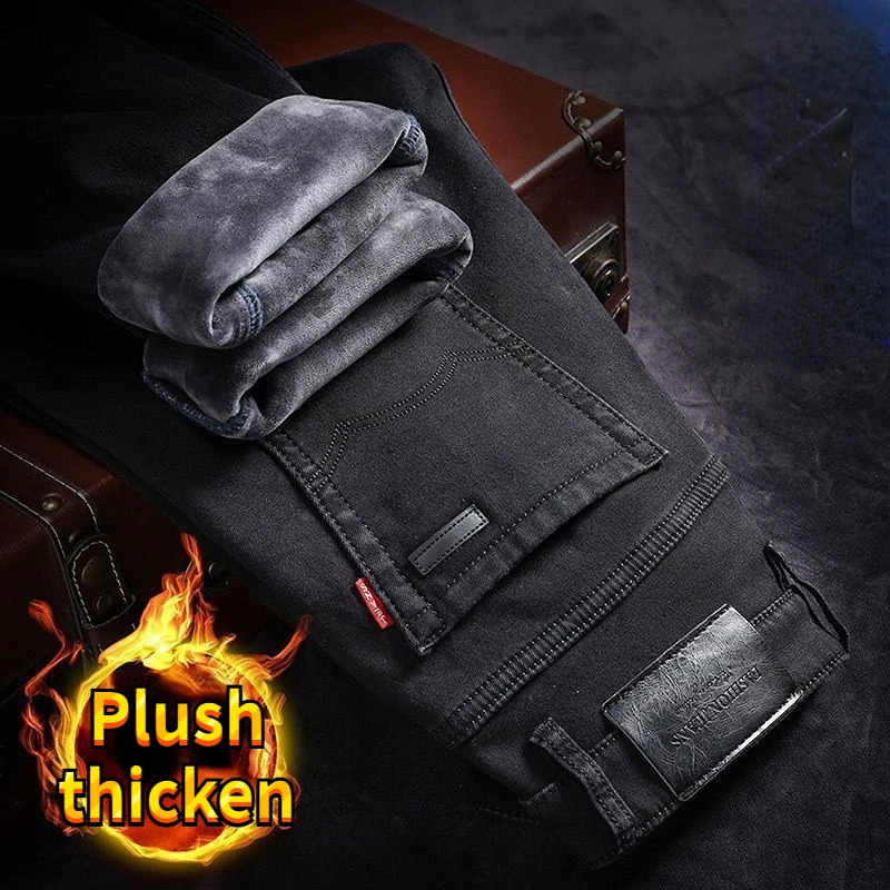 Brushed Jeans Men Korean Style Baggy Winter Pants Straight Stylish Denim Fabric Warm Thicken Stretch Trousers 240826Z