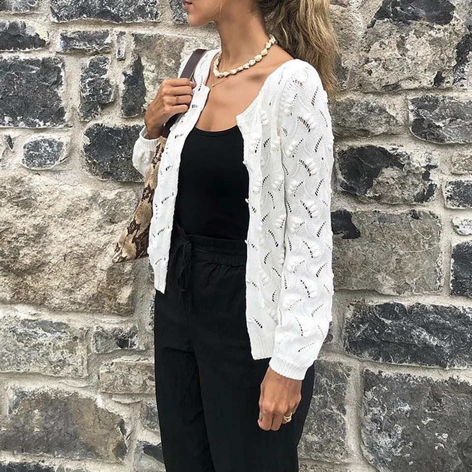 ZESSAM Solid Hook Flower Jacquard Knit Cardigan ONeck Long Sleeve Button Hollow Out Female Sweater Casual Cozy Lady Top 240827