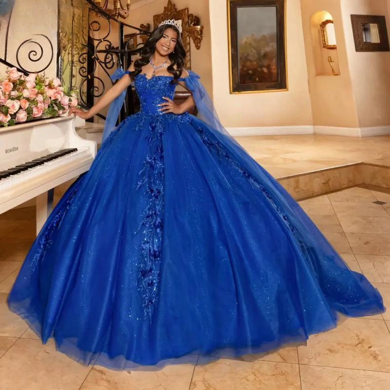 Royal Blue Ball Gown Quinceanera Dresses Off The Shoulder Appliques Lace 3D wers Tull Corset Sweet 16 Dress Vestido De 15 Anos