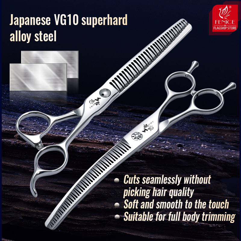 Fenice VG10 Steel 7Inch 3D Gradient Traceless Dog Grooming Straight/Curved Chunker Scissors Bearing Screws Pet Scissors 70% Rate
