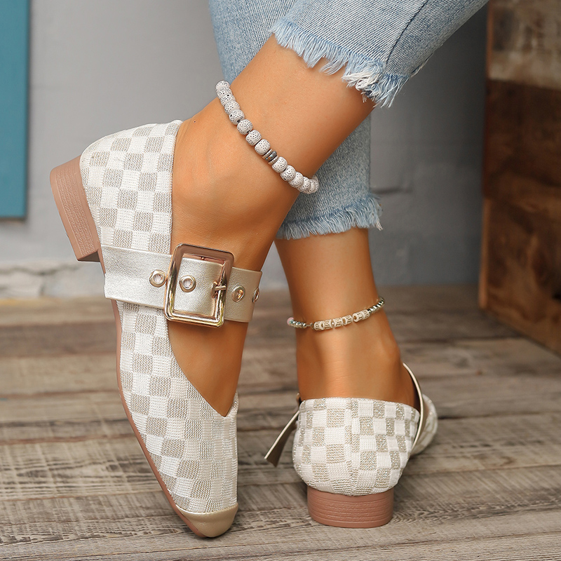 Elegant Plaid Pattern Mary Jane Shoes for Women Metal Buckle Ankle Strap Pumps Woman Comfort Low Heels Single Shoes Plus Size
