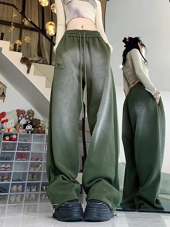 Zoki Vintage Y2K Sports Pants Womens Harajuku Street Clothing High Waist Letter Trouser Autumn American Casual Lace Bf Hip Hop 240827