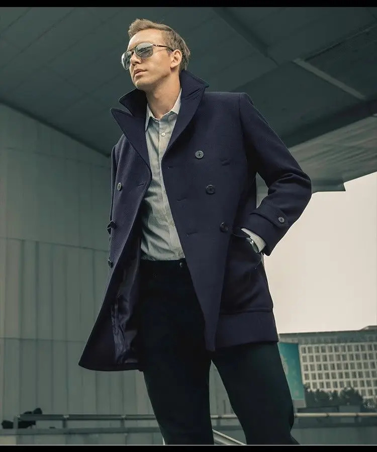 American retro navy blue wool mens slim fit jacket medium length business casual windproof jacket 240829
