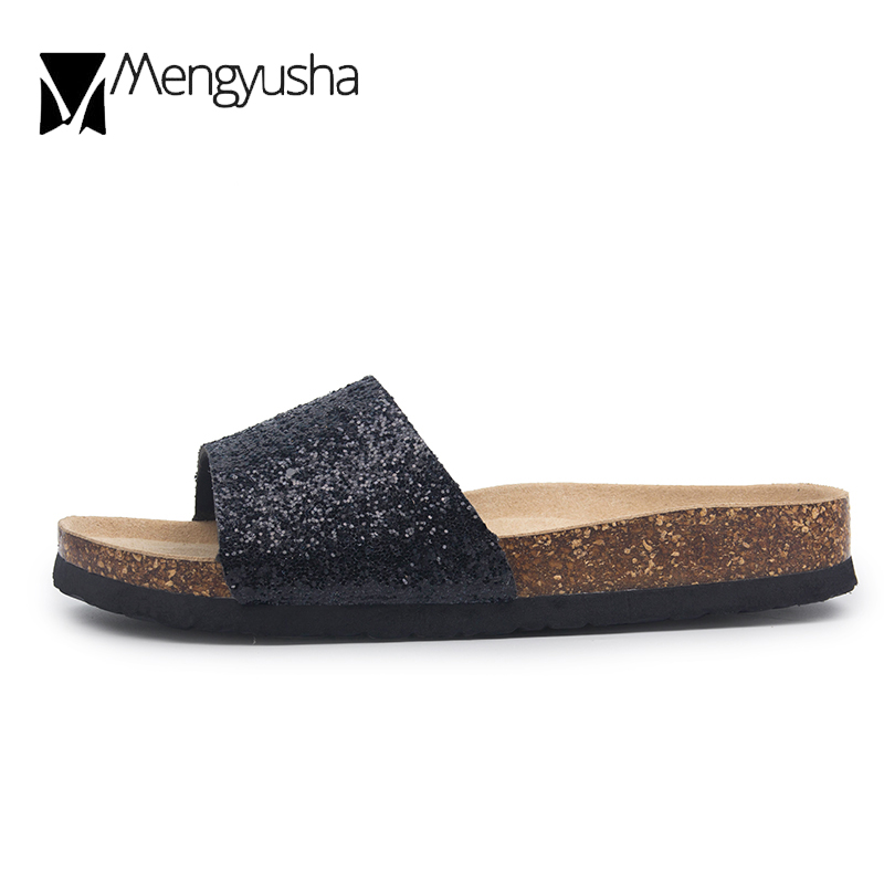 2025 new black/sier cork glitter women summer sequined beach slipper flip ps sandals shoes flat with plus size 45 c464