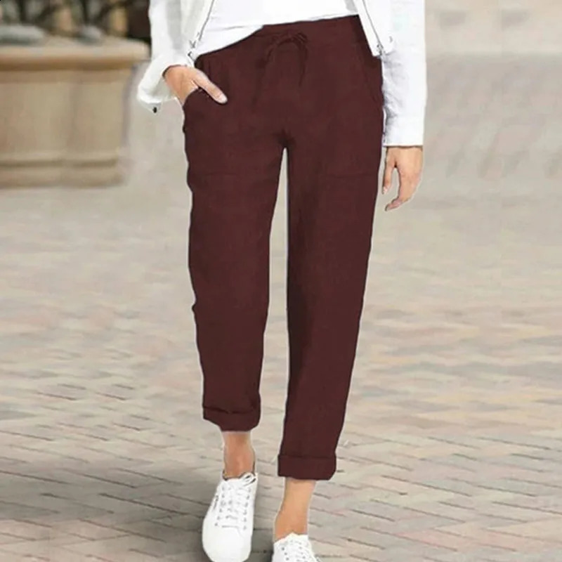 Lucyever Casual Cotton Linen Pants Women Spring Summer High Waist Elastic Ankle-Length Pants Female Solid Pockets Harem Trousers 240829