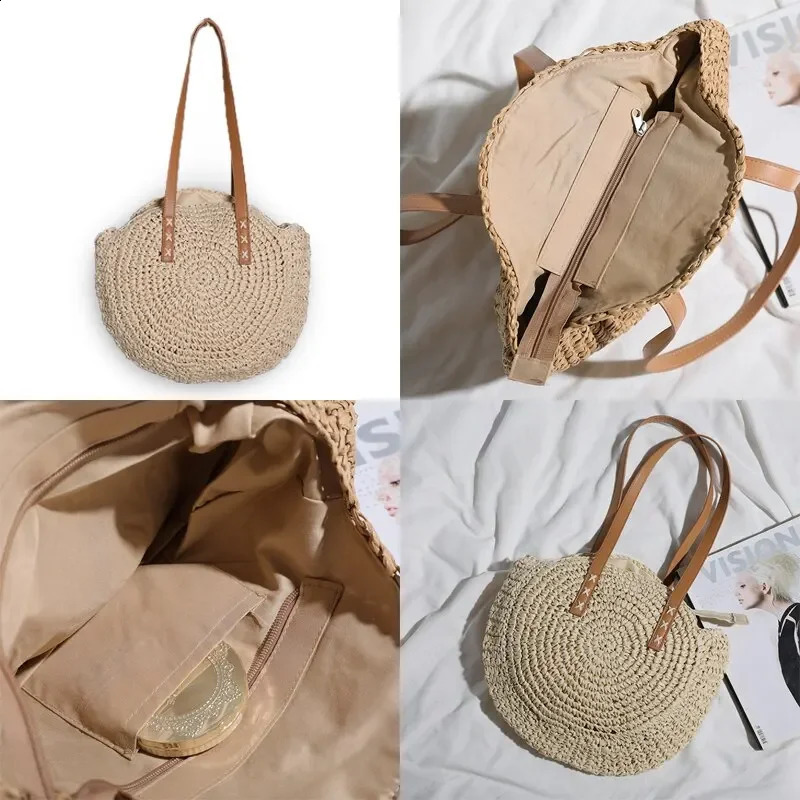Round grass beach bag vintage handmade woven shoulder Lafia round latan Bohemian summer vacation leisure 240830