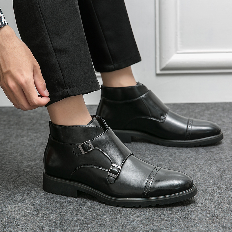 Buckle Double Slip on Pointed New Toes Casual Leather Men Comfortable High Top Boots Party Mes Shoes 2116