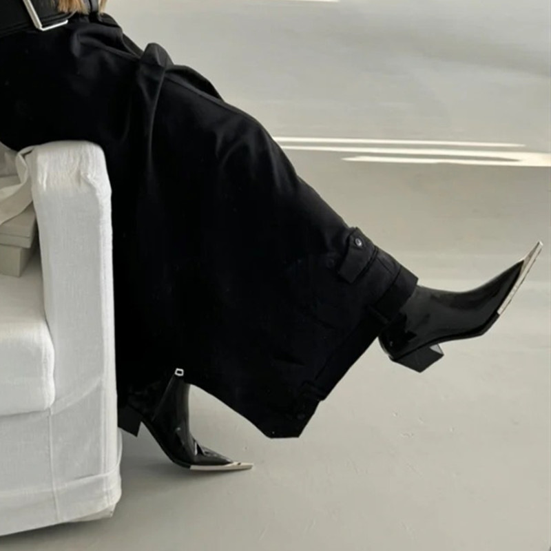 Spring Autumn New British Style Thick High Heels Pointed Toe Metal Decoration Patent Leather Women Ankle Short Chelsea Boots