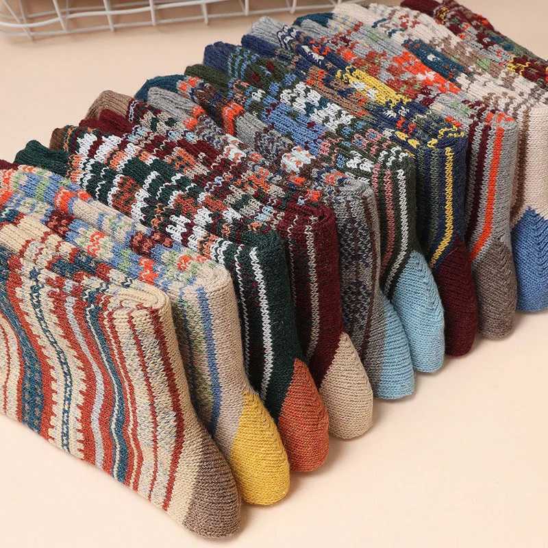 Men's Socks 5 Pairs/Lot Mens Thick Wool Socks Autumn And Winter High Quality Japanese Vintage Stripes Warm Comfortable Soft Socks EU 38-44 Y24083