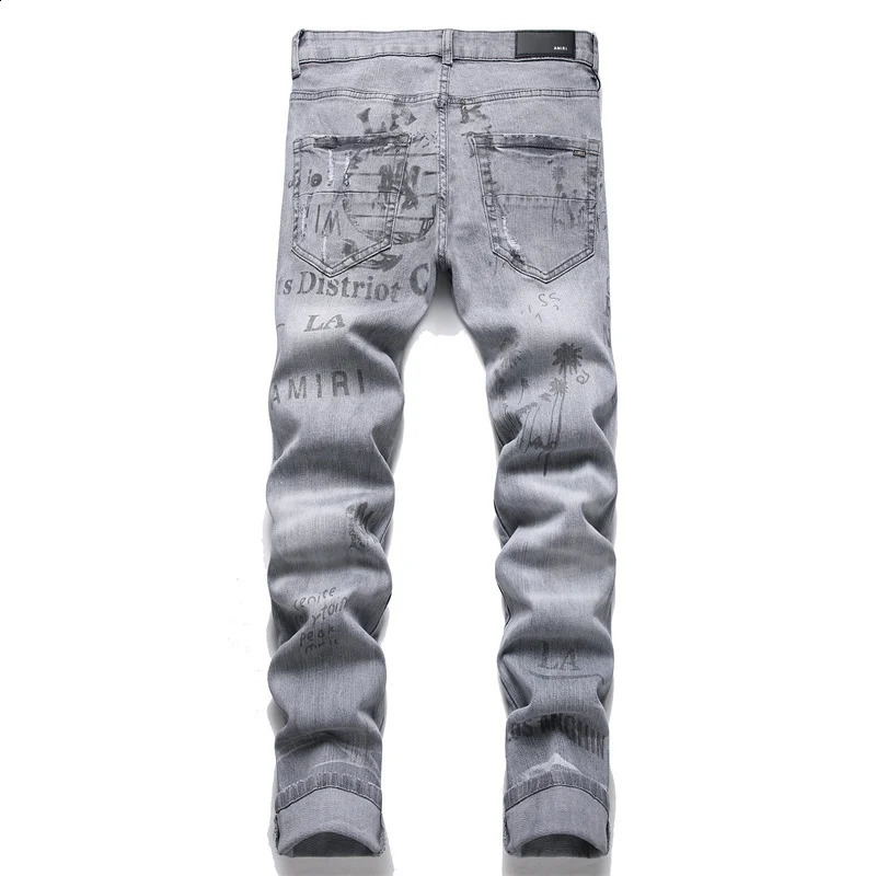 High end Personalized Grey Letter Printed Tight Street Leg Mens Jeans Hip Hop Street Jeans 240829