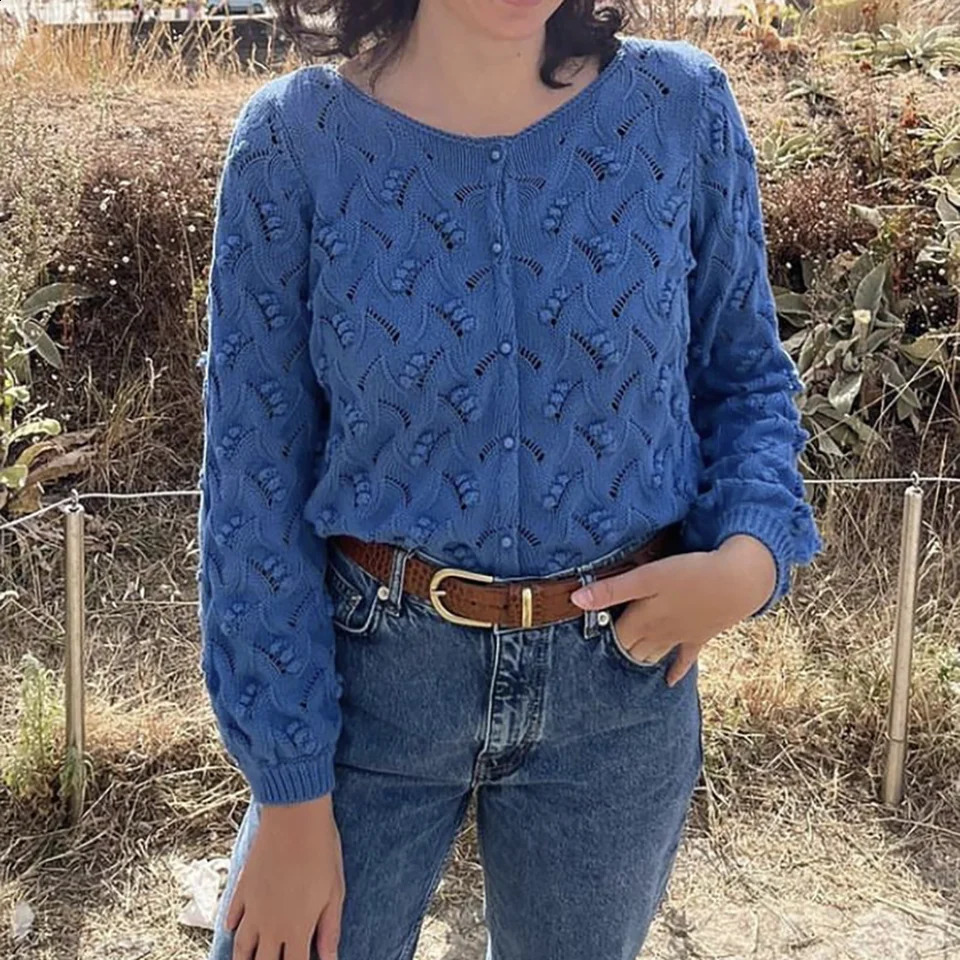 ZESSAM Solid Hook Flower Jacquard Knit Cardigan ONeck Long Sleeve Button Hollow Out Female Sweater Casual Cozy Lady Top 240827