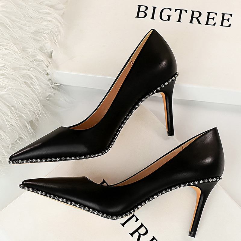 BIGTREE Sexy Rivets String Bead Pumps Pu Leather High Heels Women Office Shoes Stiletto Ladies Plus Size 43 4 a3717
