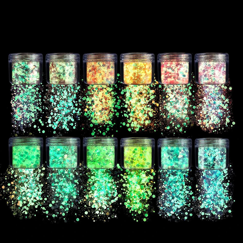 15 colors -20g luminous short and chubby nail art flash mixed with ultra-fine powder iris hexagonal ultraviolet glitter 240829