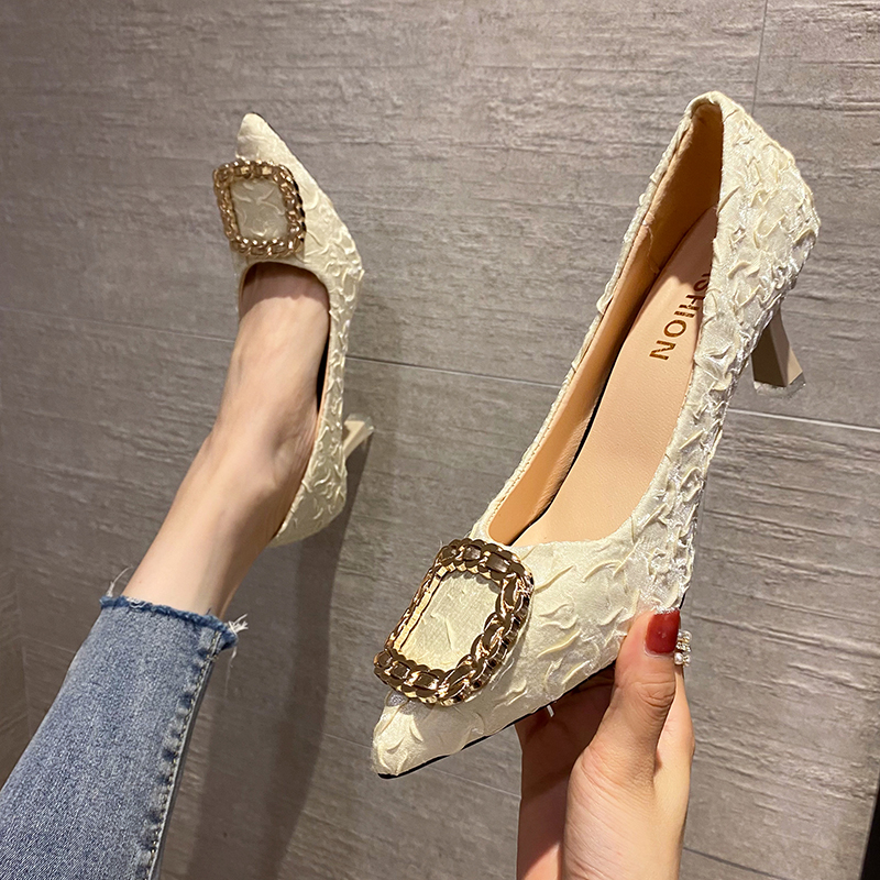 for 2024 New Pointed Toe Women's Sandals Simple and Elegant New Metal Button Dress Shoes High Quality Sier Heels Women