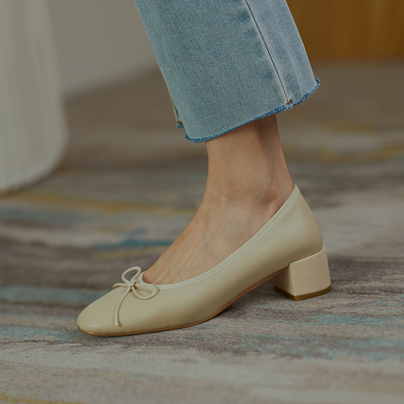 2024 Genuine Leather Women Shoes Fashion Butterfly-knot Spring and Autumn Pumps Slip-On Casual Shoes Chunky Heel Size 34-40