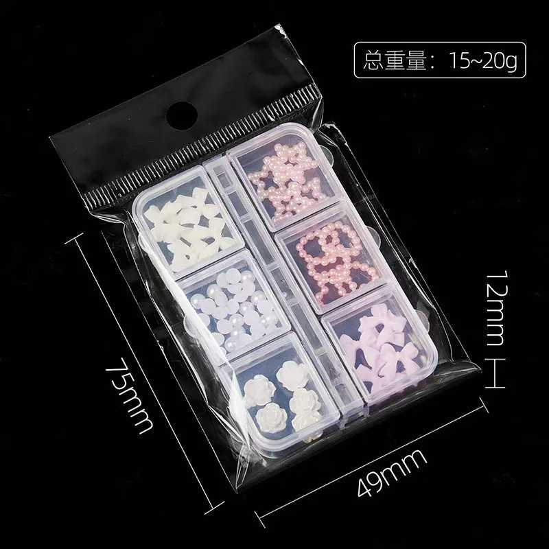 1 box of Kawaii resin bow 3D cute nail art decoration mixed with pink and white pearl heart nail charm design DIY bow nail W240829