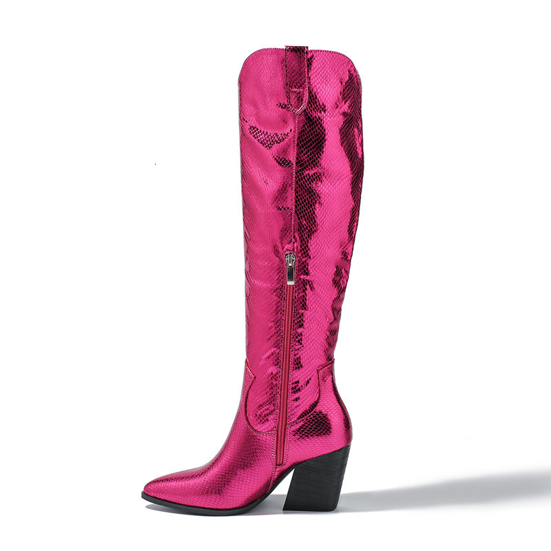 Metallic Cowboy Woman Western For Women High Boots Zip Embroidered Pointed Toe Low Heel Female Shoes Big Size 35-43