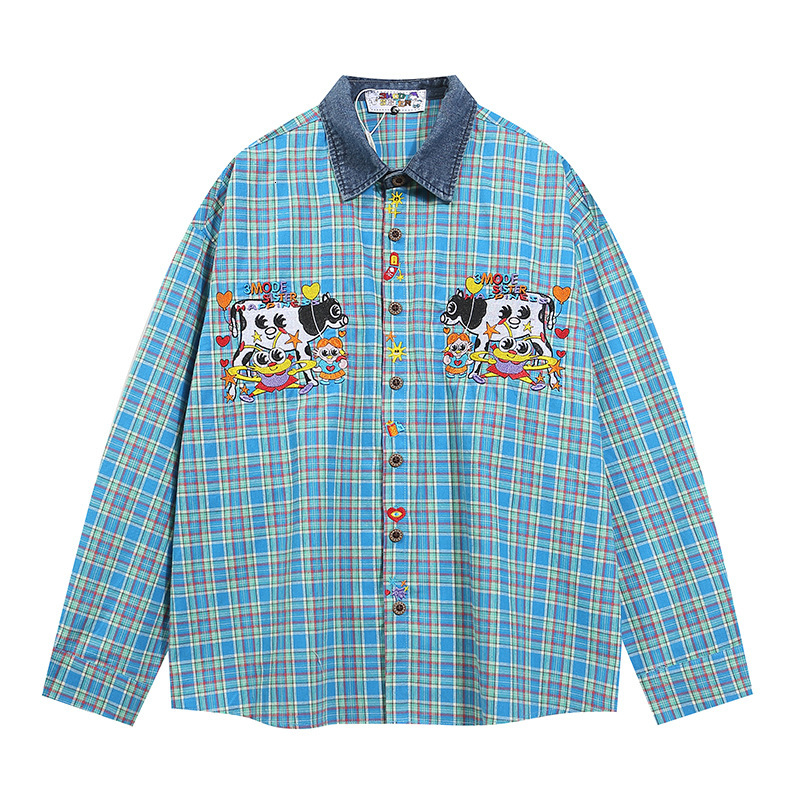 Autumn New Embroidered Color Blocked Cartoon Shirt Long Sleeved Street Versatile Casual Shirt Jacket