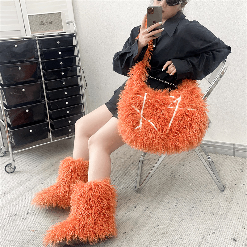 children Warm Women Shoes Female Plush Faux Fur Snow Bag Set Winter Mid-Calf High Boots Large size 2cd4