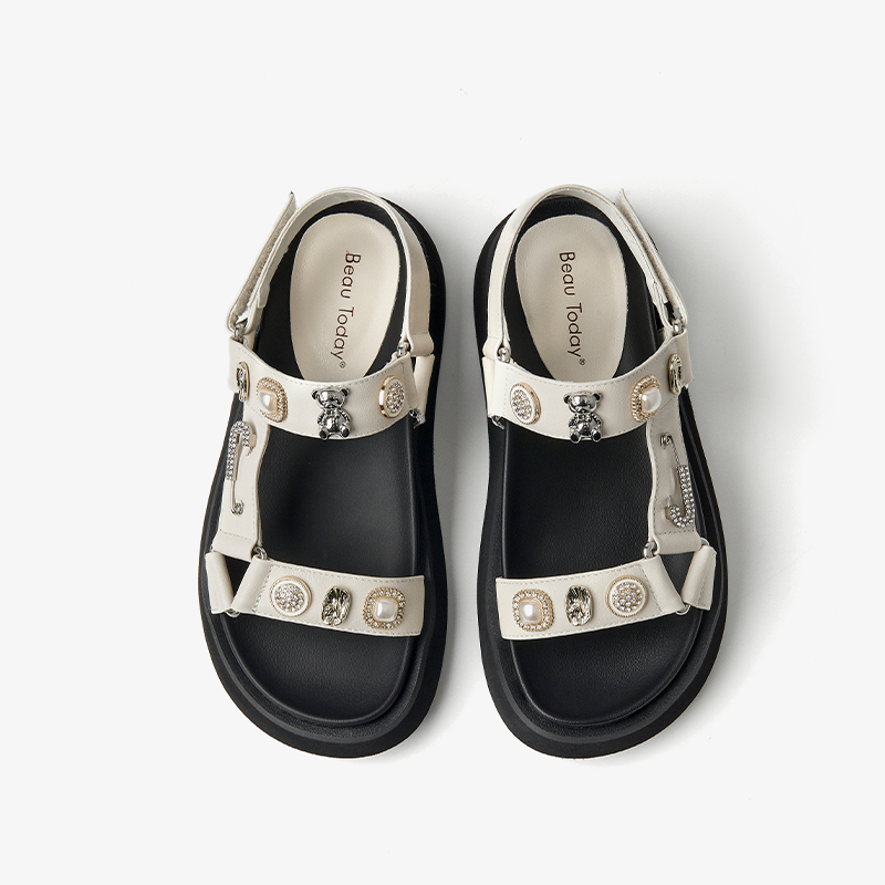 BEAUTODAY Appliques Sandals Women Genuine Cow Leather Front & Rear Strap Hook & Loop Novelty Summer Ladies Shoes Handmade 34583
