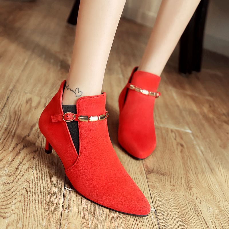 Heel Low Ankle Boots Shoes Woman Fashion Pointed Toe ck Short Boot Female Buckle Footwear Gray Red Green Large Size 46 48 4579 Bule