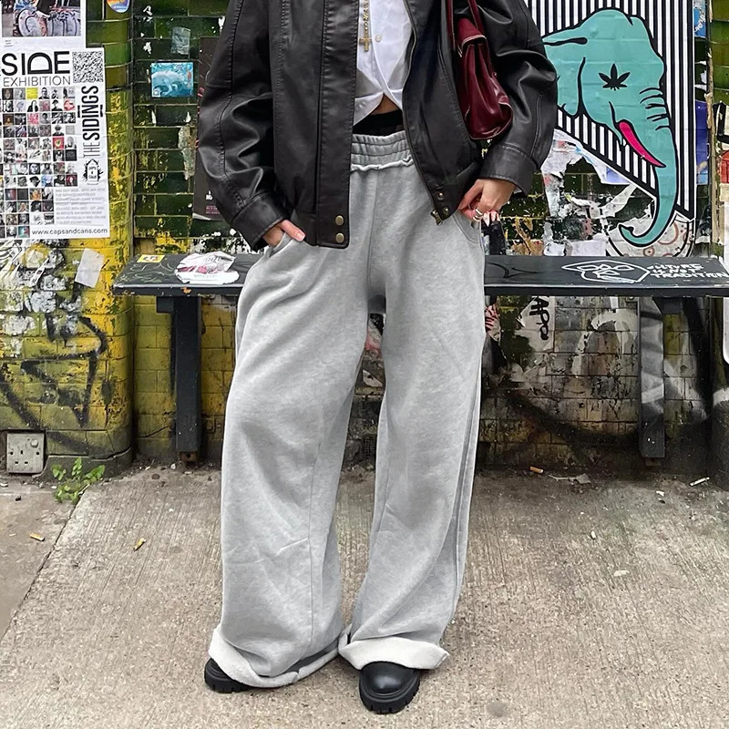 Deeptown Baggy Y2k Grey Sports Pants Womens Casual Retro Street Loose Long Leg 240827