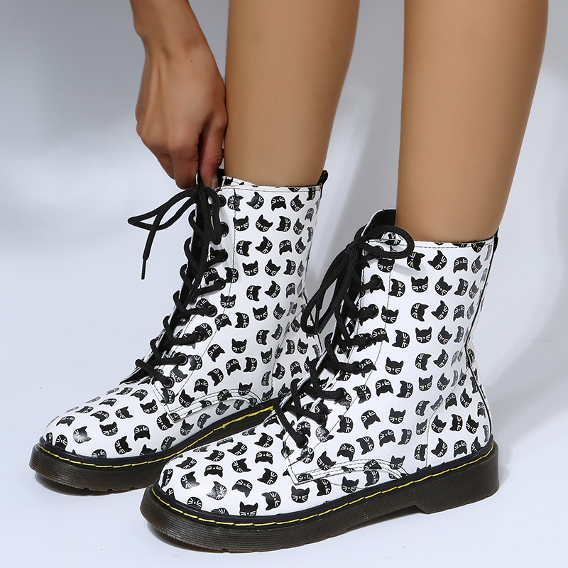European and American flat bottom flower lace-up Martin boots for women large size printed high top leather boots Leather boots