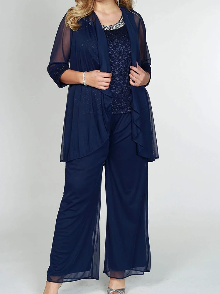 Plus Size Floral Lace 34 Sleeve Solid Three Pieces Set Pant Suits for Womens Matching Chiffon Elegant Loose Autumn Outfit 240829