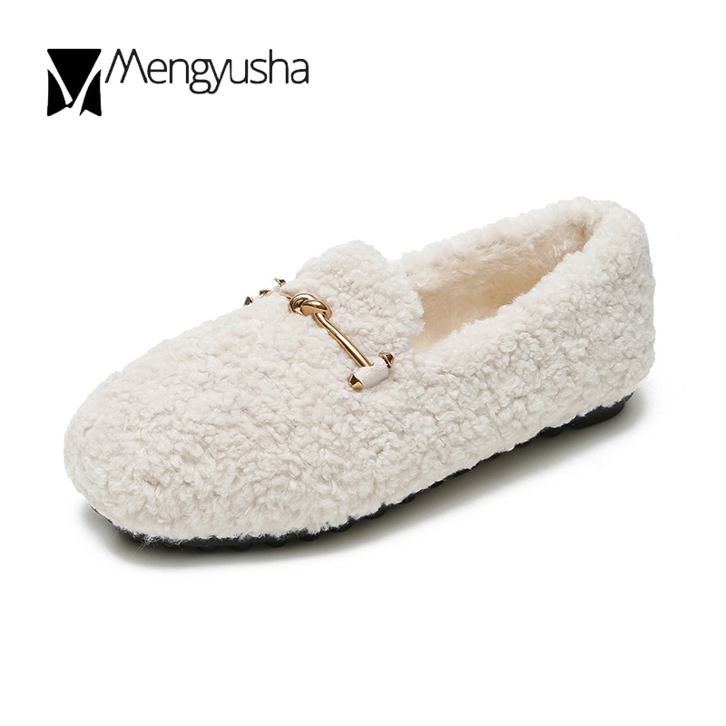 Net shoes celebrity curly 5fa67 women metal striped slip on flats wool fur warm winter loafers creppers round toe solid moccasins