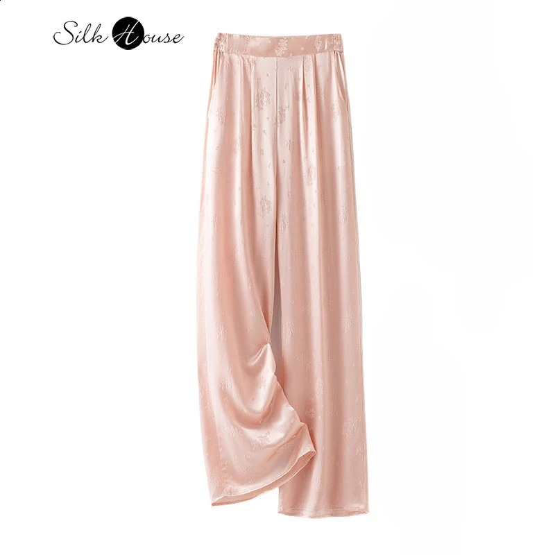 Womens Fashion Summer Pink 50% Natural Mulberry Silk Crown Satin Jacquard Pocket n Casual Wide Leg Pants 240827