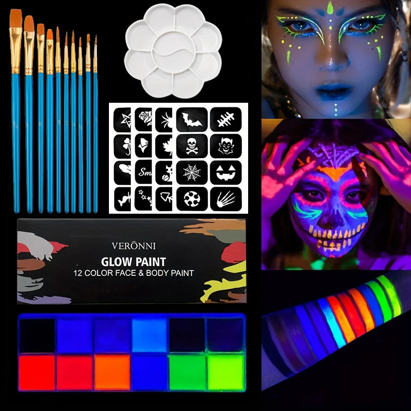 12 colors fluorescent paint with brushes and stickers and body art paint UV luminous fluorescent party beauty and makeup 240829
