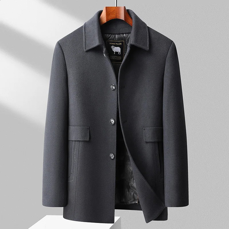 Late autumn winter detachable goose down lining wool coat mens business casual wool coat medium to long windproof jacket 240829