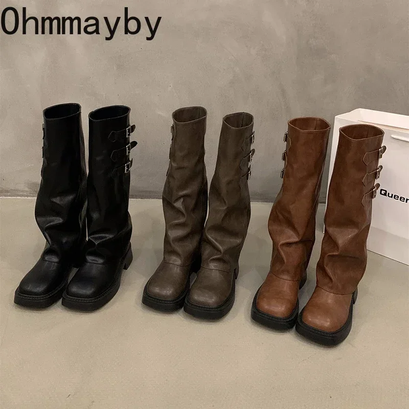 Winter 2024 Cowboy For Women Fashion Belt Buckle Long Boots Female Elegant Square Heel Women's Knight Bootties ef27 's